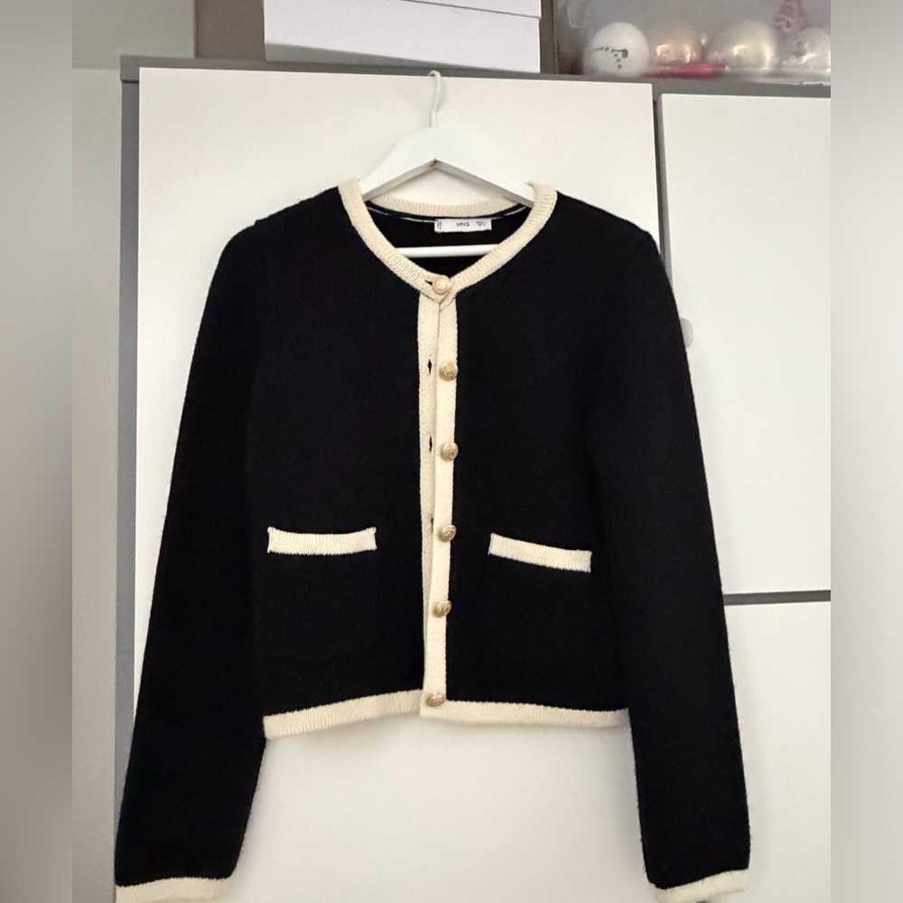 Mango Black and Cream Trim Cropped Cardigan with Gold Buttons